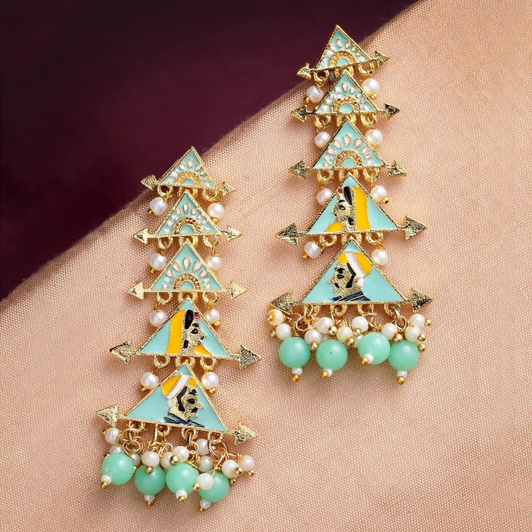 New Partywear Light Green Raja Rani Meenakari Drop Earrings for Womens by House of Ree
