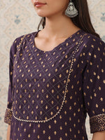 Thumbnail for Ode by House of Pataudi Purple Floral Printed Pure Cotton Kurta With Sharara & Dupatta - Distacart
