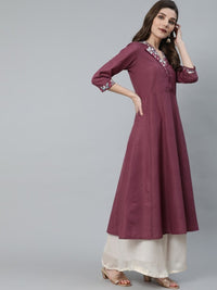 Thumbnail for Aks Notched Lapel Collar Thread Work A-Line Kurta - Distacart