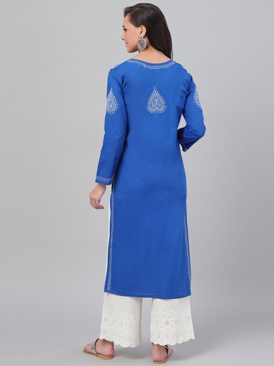 ADA Women Blue & White Chikankari Hand-Embroidered Straight Sustainable Handloom Kurta - Distacart