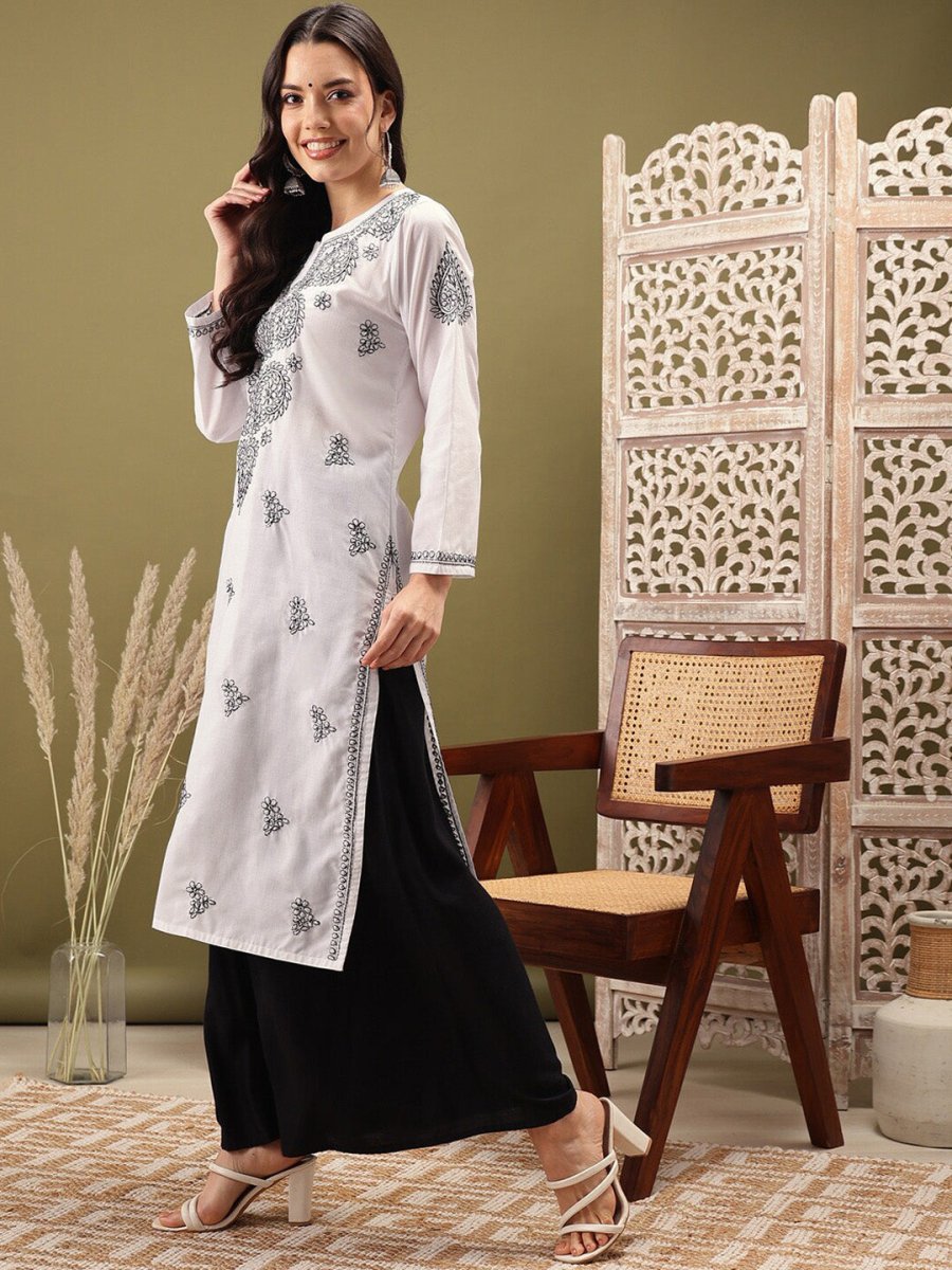 ADA Ethnic Motifs Embroidered Notch Neck Cotton Chikankari Straight Kurta - Distacart