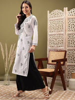 Thumbnail for ADA Ethnic Motifs Embroidered Notch Neck Cotton Chikankari Straight Kurta - Distacart