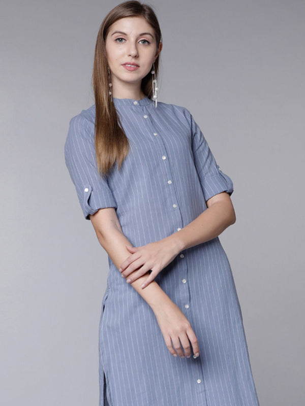 Vishudh Blue & White Striped High Slit Pure Cotton Straight Kurta with Palazzos - Distacart