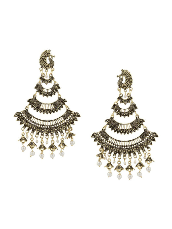 Anikas Creation Gold-Toned & White Peacock Shaped Chandbalis Earrings - Distacart