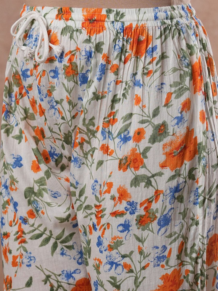 ADA Floral Printed Round Neck Regular Lucknowi Chikankari Kurta with Trousers - Distacart