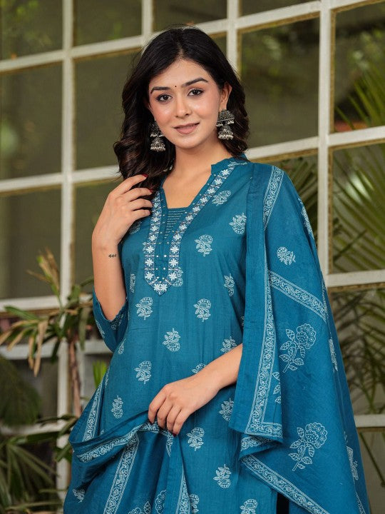 Floral Printed V-Neck Pure Cotton Straight Kurta Palazzos & With Dupatta (Blue) - Rasiya