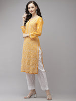Thumbnail for ADA Women Mustard Yellow Embroidered Regular Chikankari Handloom Kurta with Palazzos - Distacart