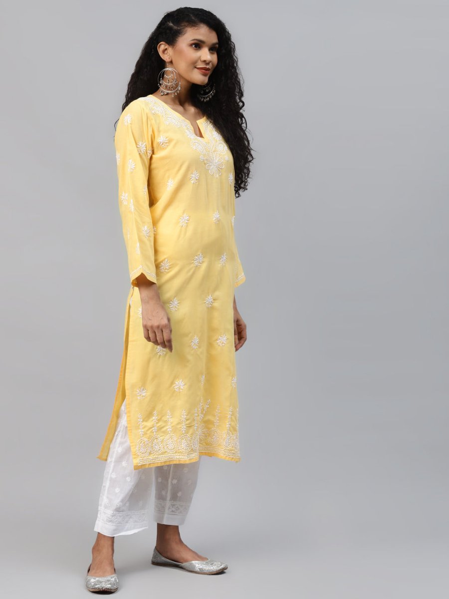 ADA Women Yellow Ethnic Motifs Embroidered Chikankari Handloom Kurta with Palazzos - Distacart