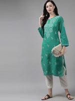 Thumbnail for ADA Women Green & White Ethnic Motifs Hand Embroidered Chikankari Handloom Kurta - Distacart