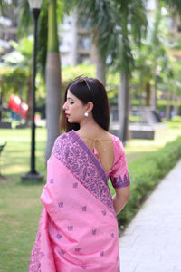 Thumbnail for Aastha Fashion Baby Pink Woven Handloom Raw Silk Saree with Blouse - Distacart