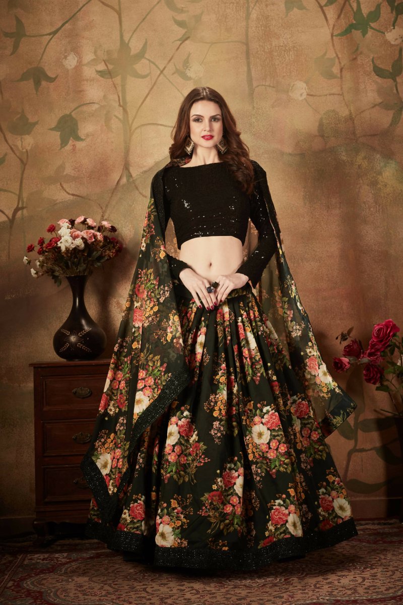 Aastha Fashion Women's Mesmerizing Black Floral Print Organza Silk Wedding Lehenga Choli - Distacart