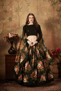 Thumbnail for Aastha Fashion Women's Mesmerizing Black Floral Print Organza Silk Wedding Lehenga Choli - Distacart