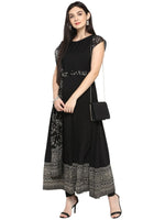 Thumbnail for Ahalyaa Women's Black Crepe Printed Kurta With Attached Dupatta