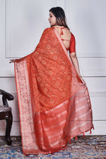 Thumbnail for Morchari Red Script Printed Orzanga Saree Unstitched Blouse