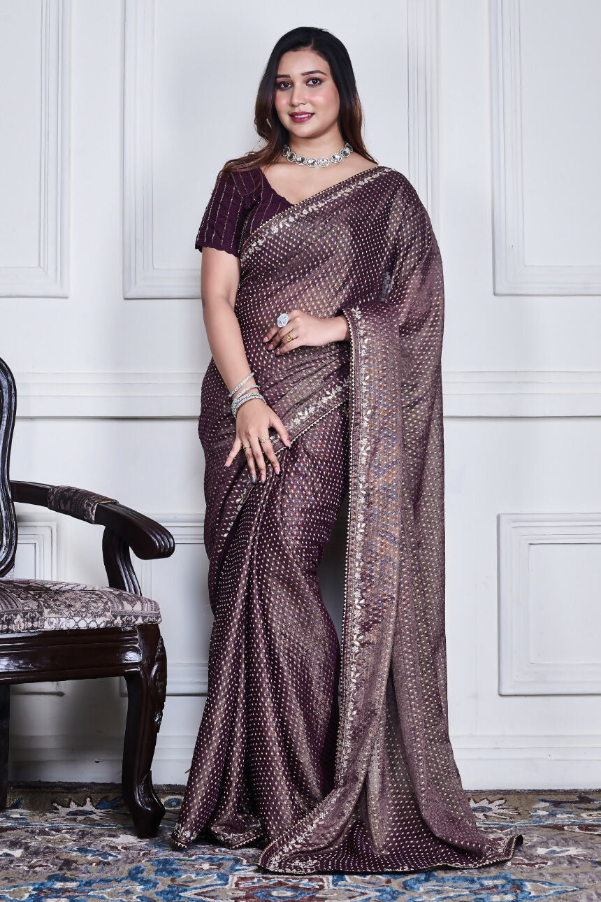 Morchari Purple Pure Chiffon Hand Embroidery Saree And Stitched Blouse