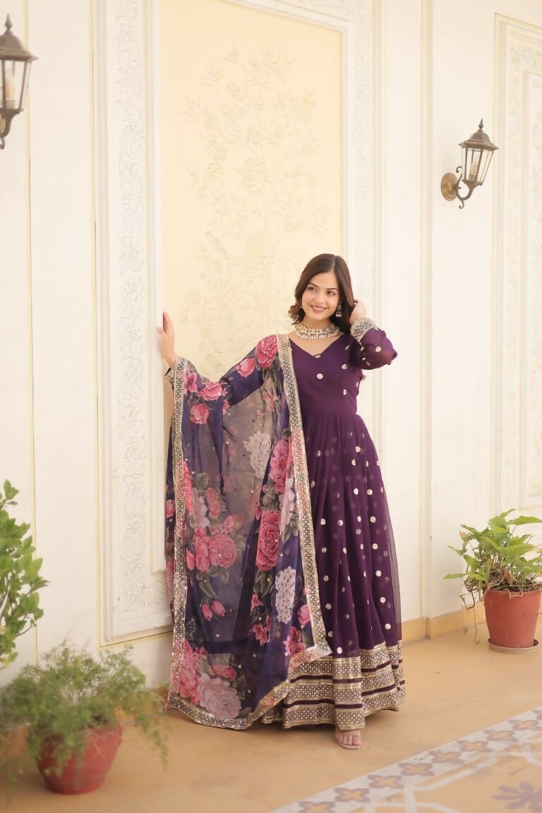 Aastha Fashion Women's Purple Faux Georgette Embroidery Zari Sequins-work Gown with Dupatta