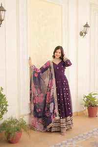 Thumbnail for Aastha Fashion Women's Purple Faux Georgette Embroidery Zari Sequins-work Gown with Dupatta