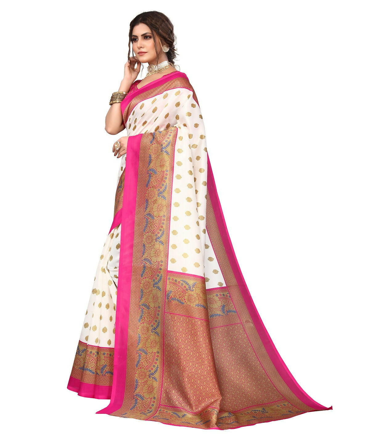 Vamika white & pink Printed Art Silk Saree - Distacart