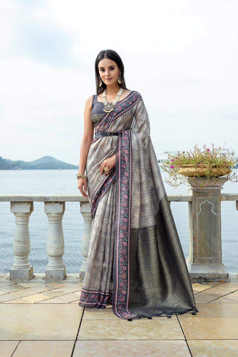 Aastha Fashion Grey Floral Printed Cotton Silk Saree with Blouse - Distacart