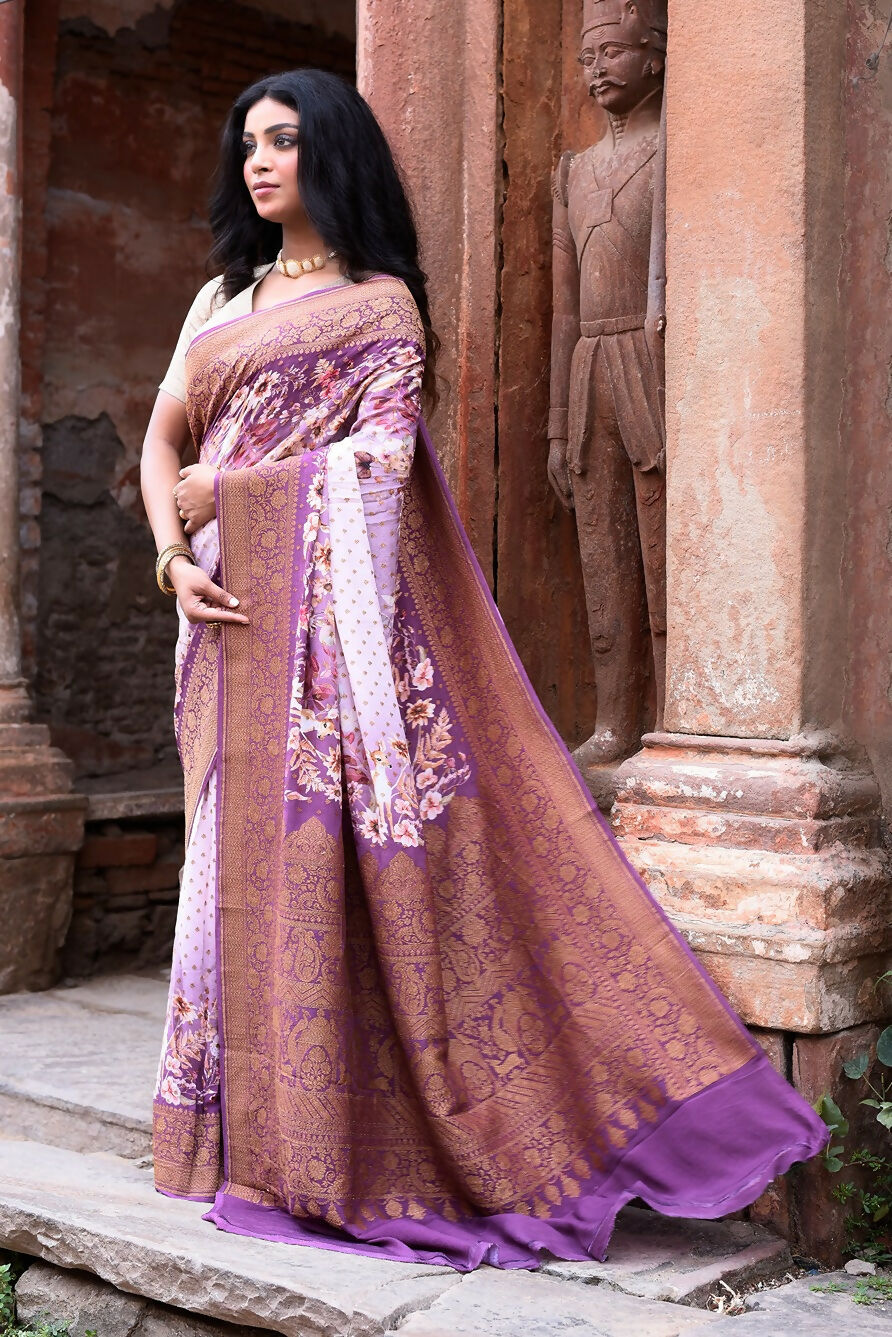 Joban Fashion Dark And Light Lilac Crepe Chiffon Pure Handloom Banarasi Silk Saree