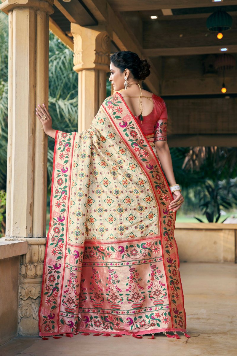 Aastha Fashion Cream Woven Patola Silk Saree with Blouse - Distacart