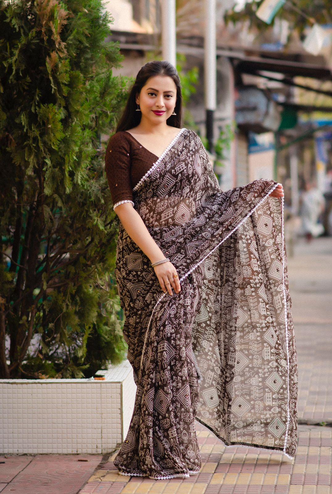 Coffee Poly Georgette Ethnic Motifs Saree with Unstitched Blouse - A2M