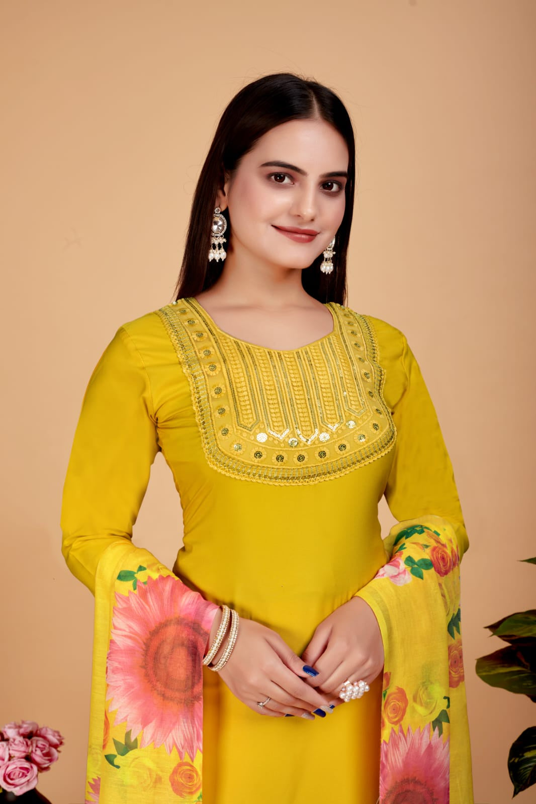 Women's Embroidered Yellow Kurta Set with Dupatta Set - A2M