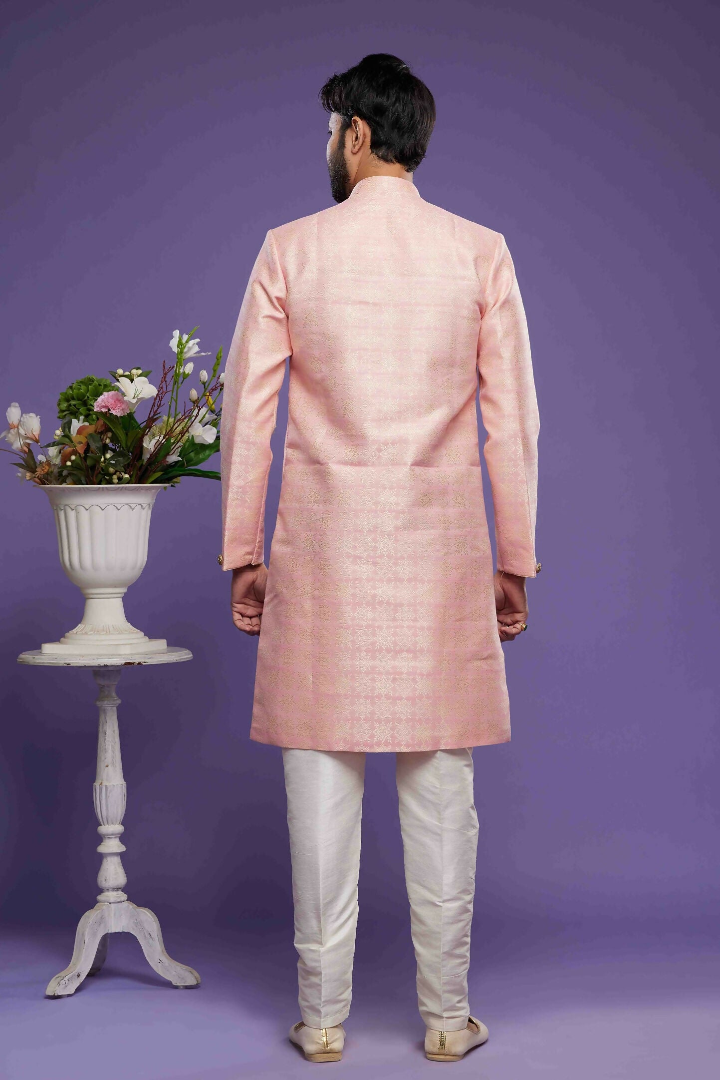 Raivat Ethnic Banarasi Jacquard Embroidery Semi Indo Western Sherwani In Pink Colour