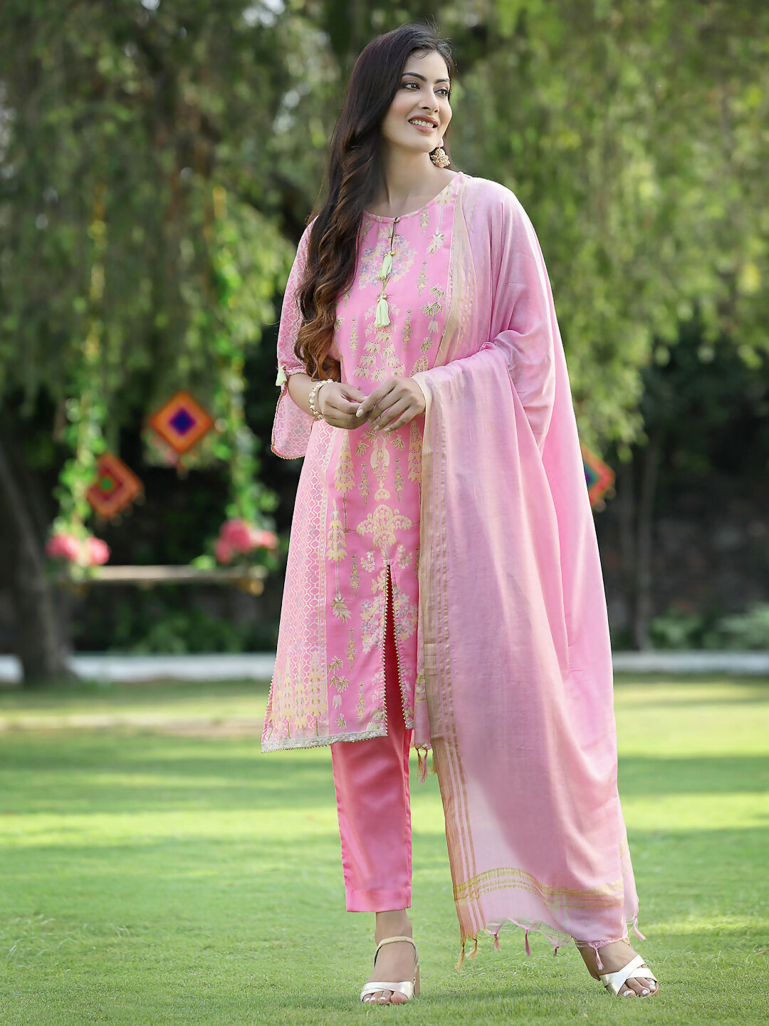 Juniper Pink Ethnic Motif Printed Georgette Kurta Pants & Dupatta Set With Tassels & Lace - Distacart