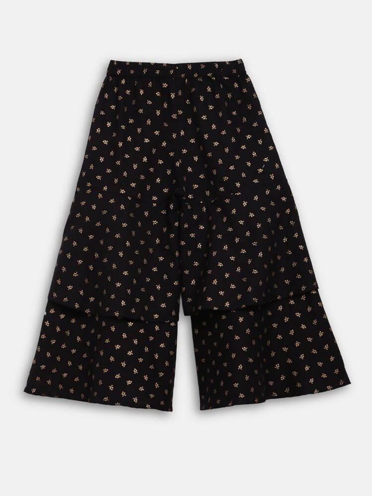 Ahalyaa Black Cotton Gold Print Kids Kurta Sharara Sets For Girls - Distacart
