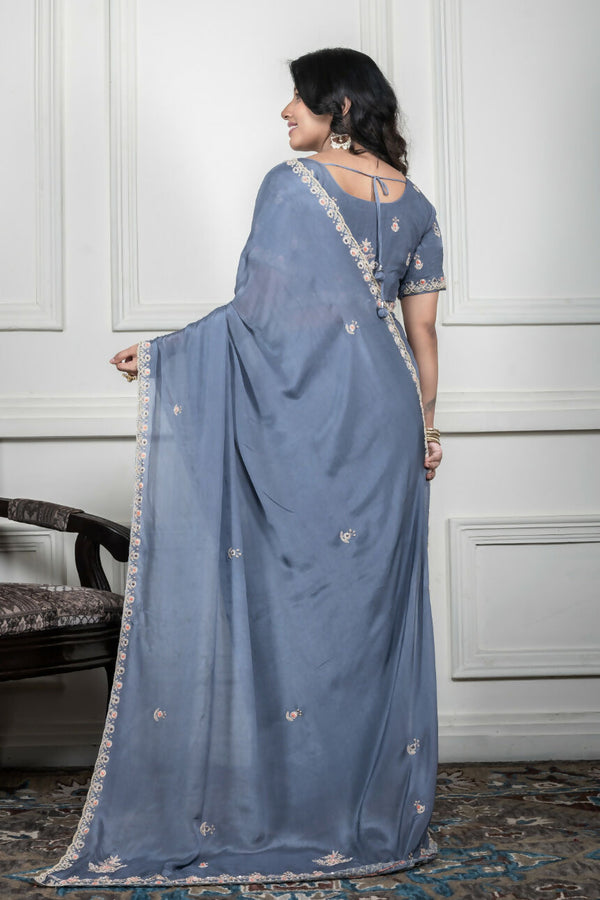 Morchari Grey Chiffon Hand Embroidery Saree And Stitched Blouse