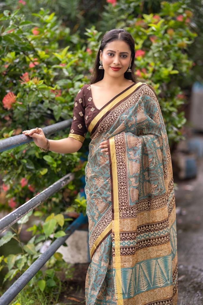Grey Silk Blend Geometric Saree with Unstitched Blouse - A2M