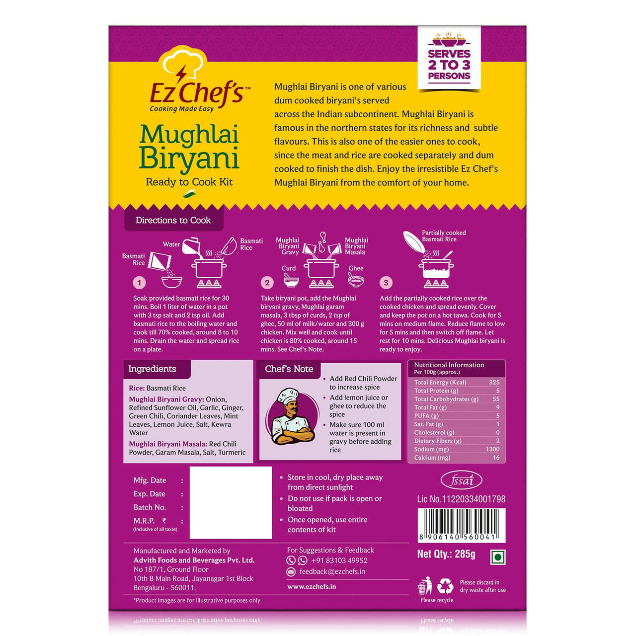 Ez Chef's Mughlai Biryani Kit - Lucknow's Famous Biryani - Distacart