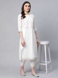 Thumbnail for Ahalyaa Women Offwhite Pure Cotton Printed Floral Kurta With Trousers - Distacart