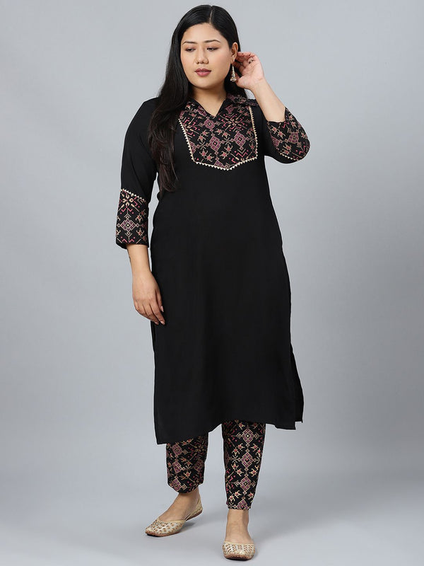 Sztori Plus Size Geometric Printed Shirt Collar Straight Kurta With Trousers - Distacart