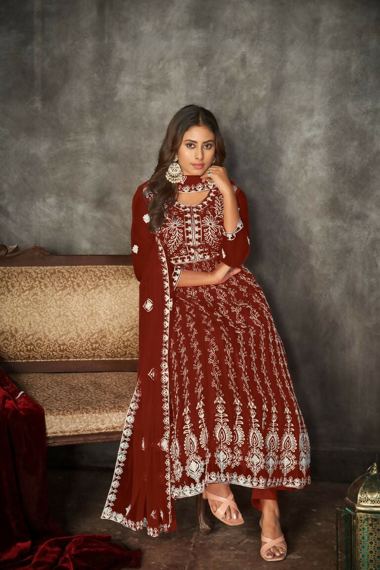 Jyoti Fashion Women's Maroon Net Embroidered Anarkali Kurta Pant Set With Dupatta
