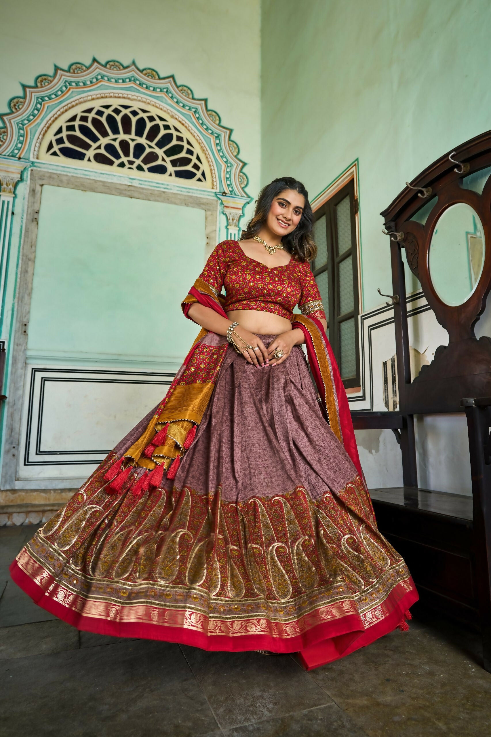Vastranavya Kashmiri Print With Foil Print Lehenga With Unstitched Printed Blouse - Onion - Distacart