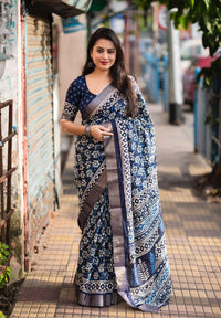 Thumbnail for Blue Poly Silk Ethnic Motifs Saree with Unstitched Blouse - A2M