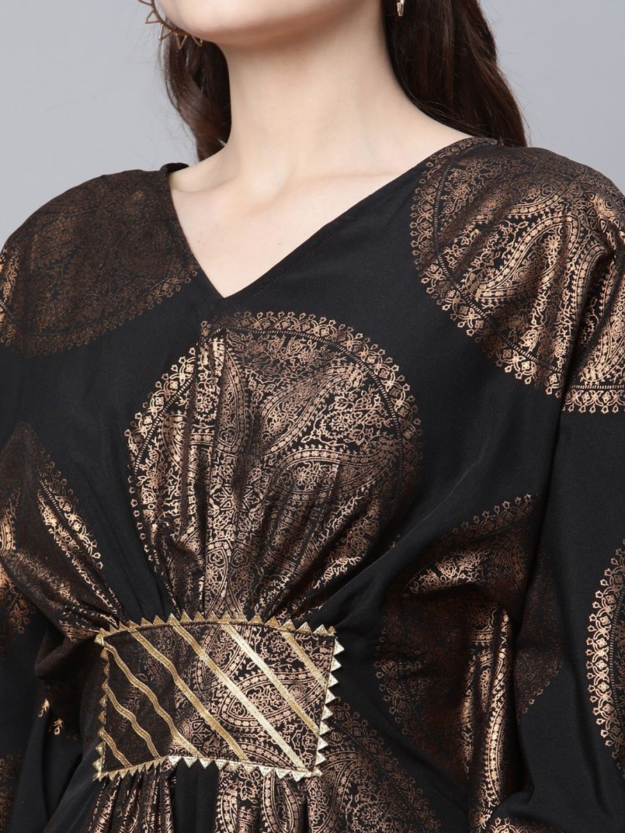 Ahalyaa Women Black Crepe Copper Foil Printed Flared Sleeve Kaftan Kurta - Distacart