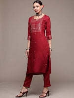Thumbnail for Anubhutee Maroon Floral Embroidered Mirror Work Kurta with Trousers & With Dupatta - Distacart