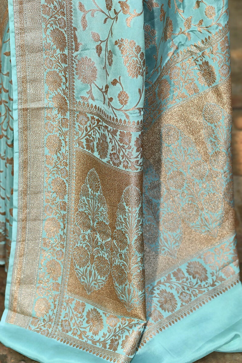 Joban Fashion Aqua Crepe Chiffon Pure Handloom Banarasi Silk Saree