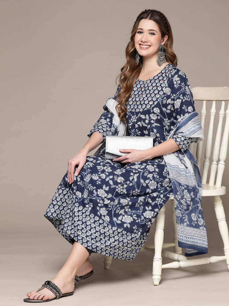 Anubhutee Women Blue Ethnic Motifs Printed Pure Cotton Kurta with Trousers & Dupatta - Distacart