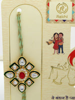 Thumbnail for NVR Women & Men Set of 2 Gold Kundan-Studded Handcrafted Wraparound Rakhi Set With Roli Chawal & Chocolate - Distacart