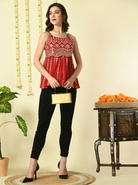 Thumbnail for Myshka Women's Red Embroidered Party Fusion Top - Distacart