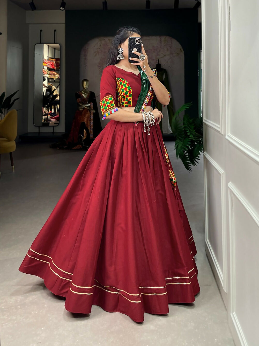Vastranavya Navaratri Special Pure Cotton Plain With Gotta Patti Touch Up Lehenga Stitched Choli - Maroon - Distacart