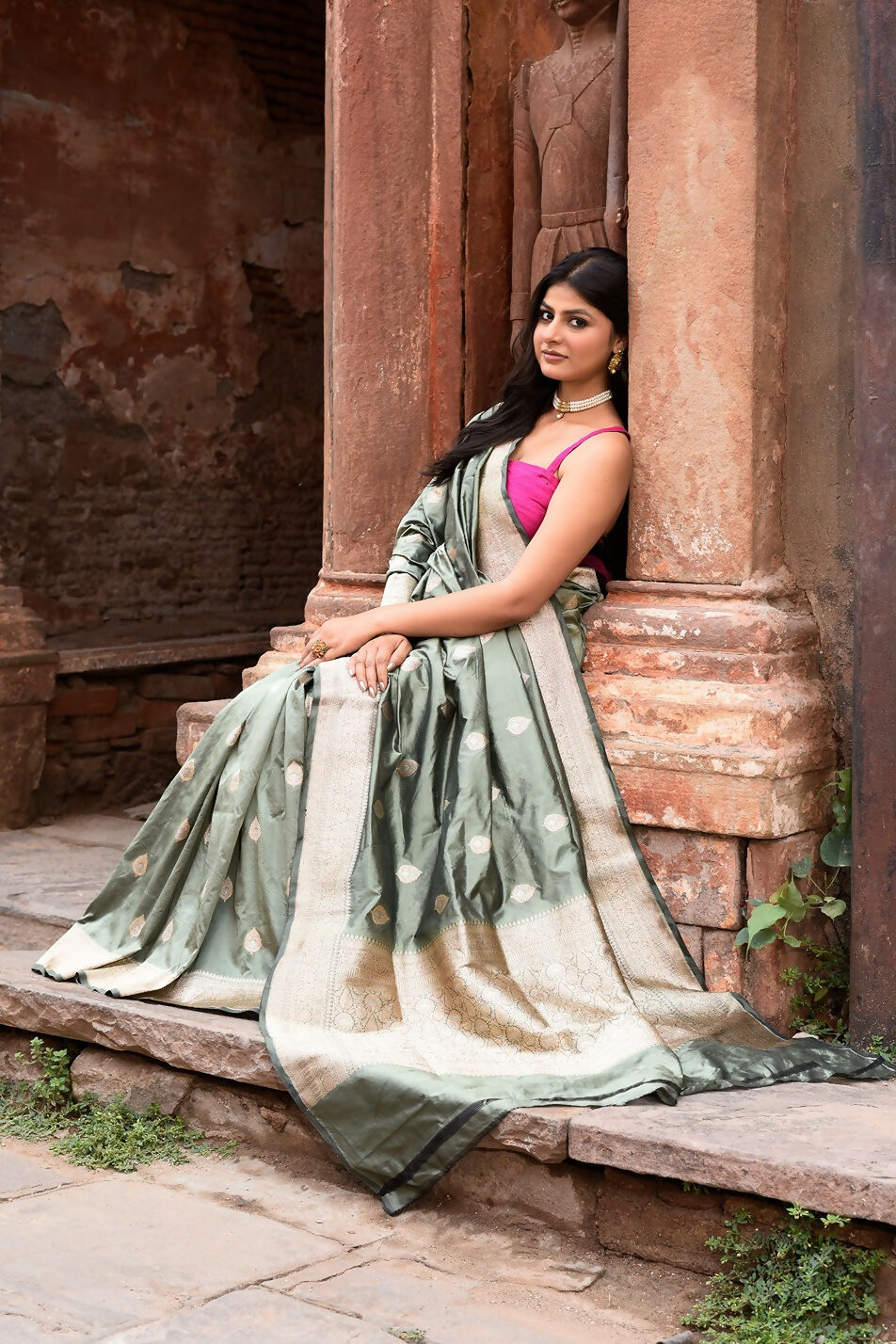Joban Fashion Dusty Olive Banarasi Katan Pure Handloom Silk Saree