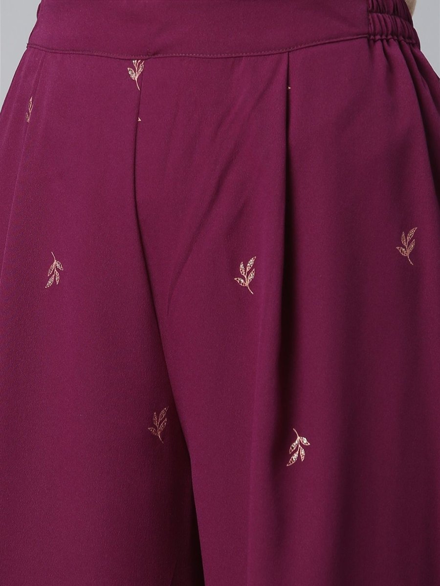 Ahalyaa Wine Crepe Solid Kurta Palazzo Set With Printed Dupatta