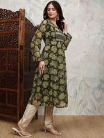 Thumbnail for Vishudh Floral Printed V-Neck Lace & Gathered Detail A-Line Kurta - Distacart
