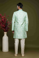 Thumbnail for Raivat Ethnic Banarasi Jacquard Embroidery Semi Indo Western Sherwani In Pista Green Colour