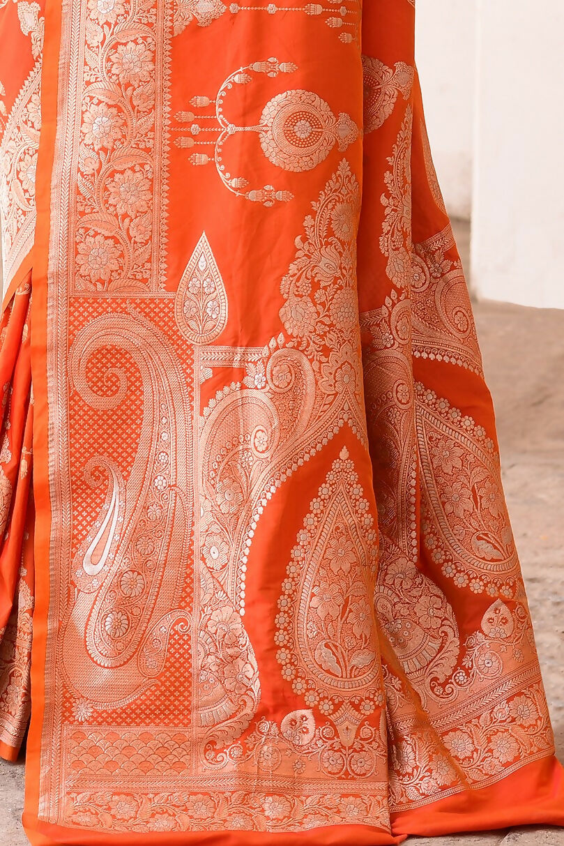 Joban Fashion Orange Banarasi Soft Pure Handloom Banarasi Silk Saree